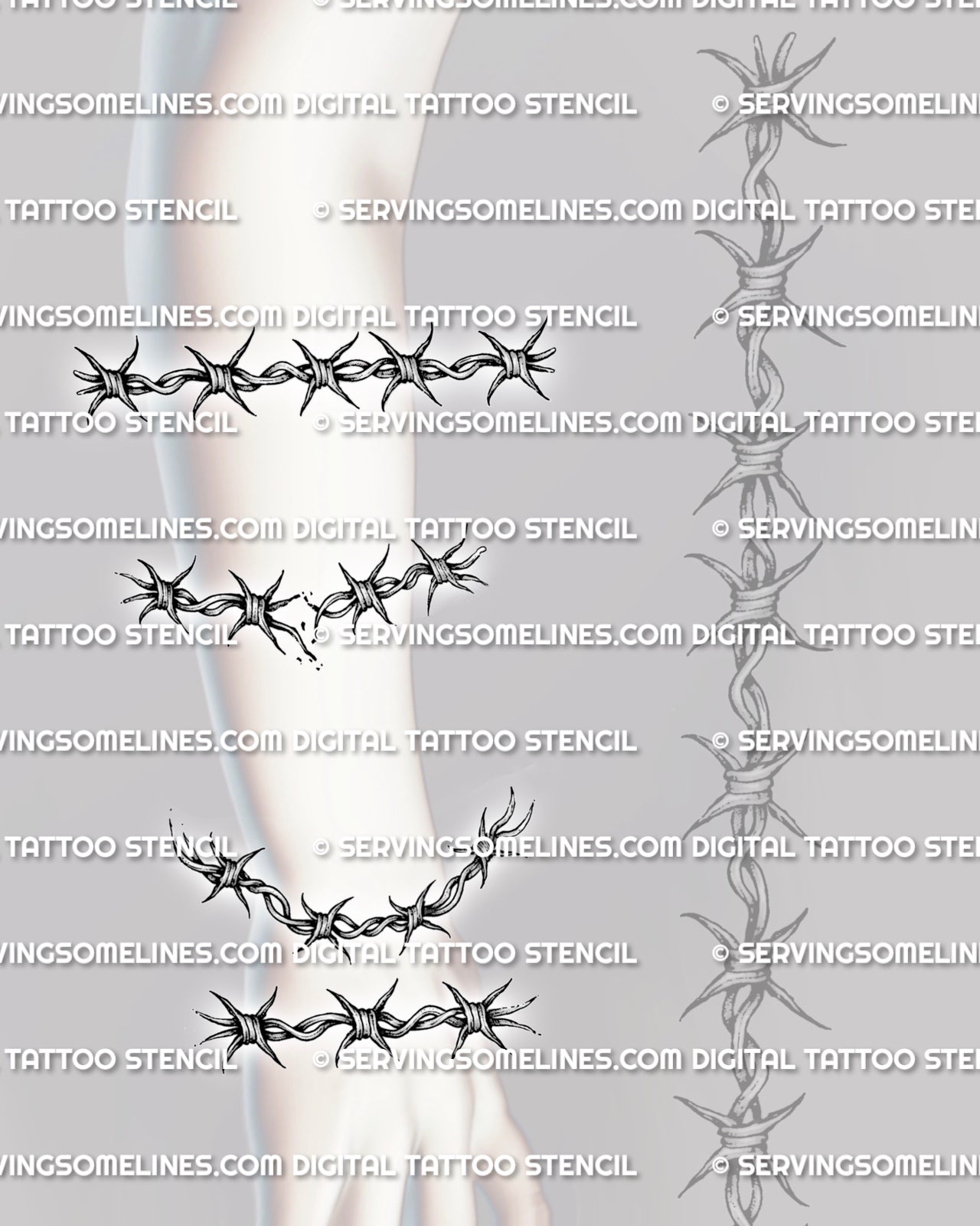 Printable barb wire stencil displayed on forearm placement with a clean straight strip layout