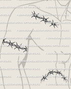 Printable barbed wire stencil designs shown on men’s collarbone, biceps wrap, and above navel body placement guide
