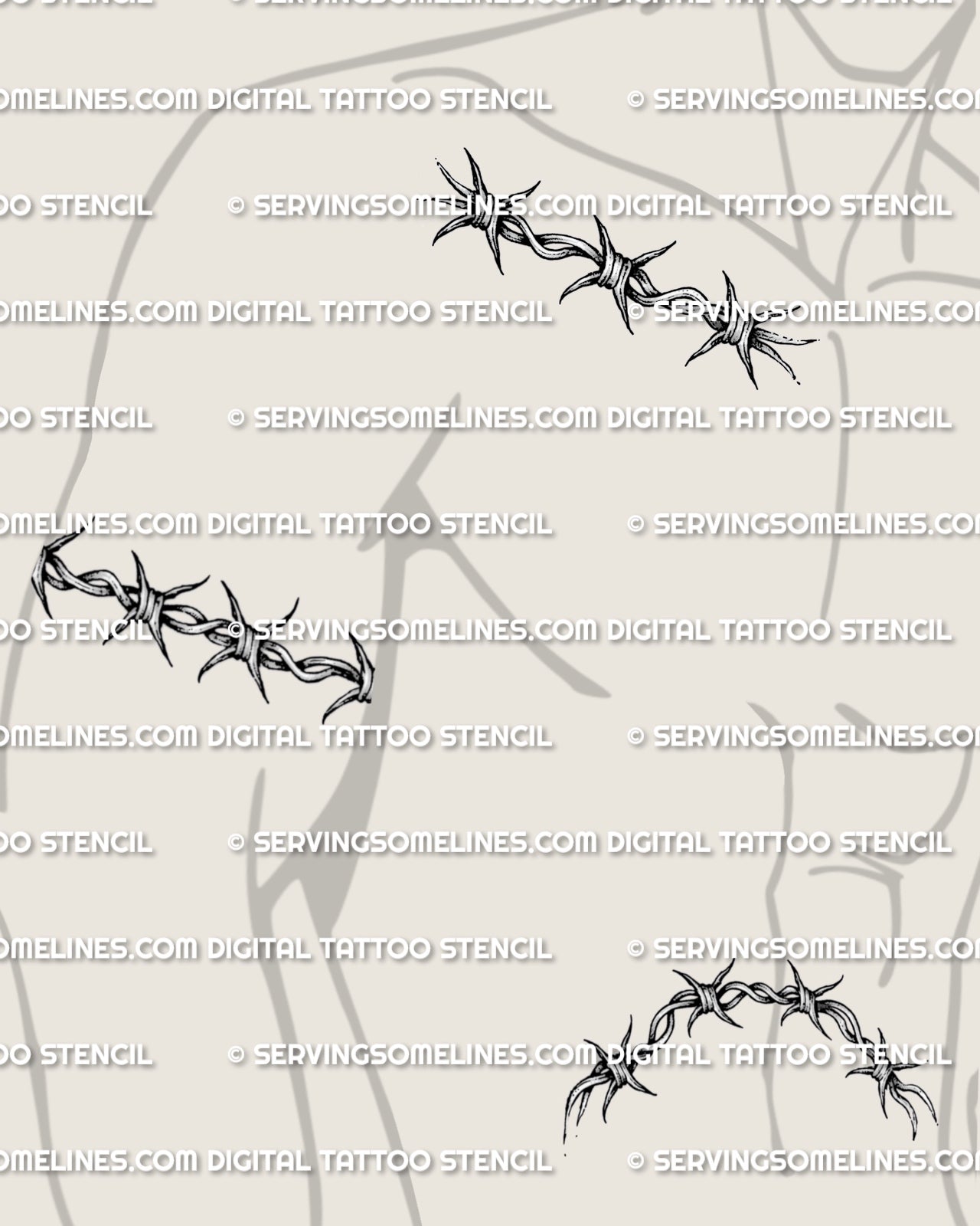 Printable barbed wire stencil designs shown on men’s collarbone, biceps wrap, and above navel body placement guide