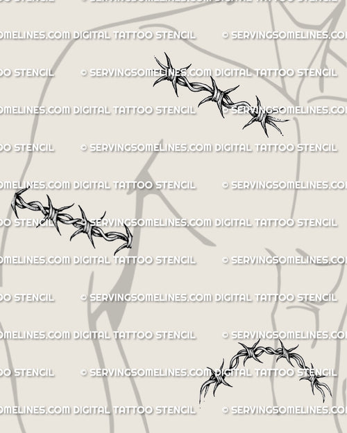 Printable barbed wire stencil designs shown on men’s collarbone, biceps wrap, and above navel body placement guide
