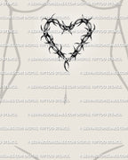 Printable heart tattoo stencil shown on women’s sternum placement with barbed wire heart shape


