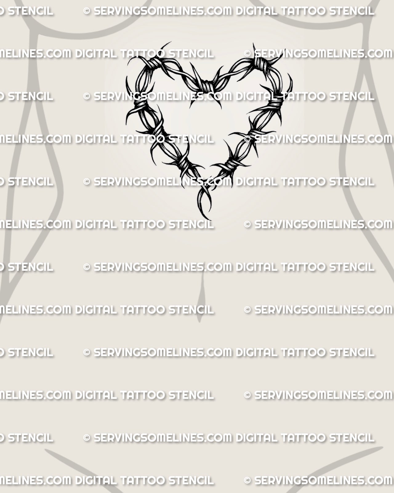 Printable heart tattoo stencil shown on women’s sternum placement with barbed wire heart shape

