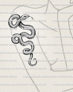 Printable snake tattoo design shown on women’s arm placement with curved serpent body, scale texture, and raised head.