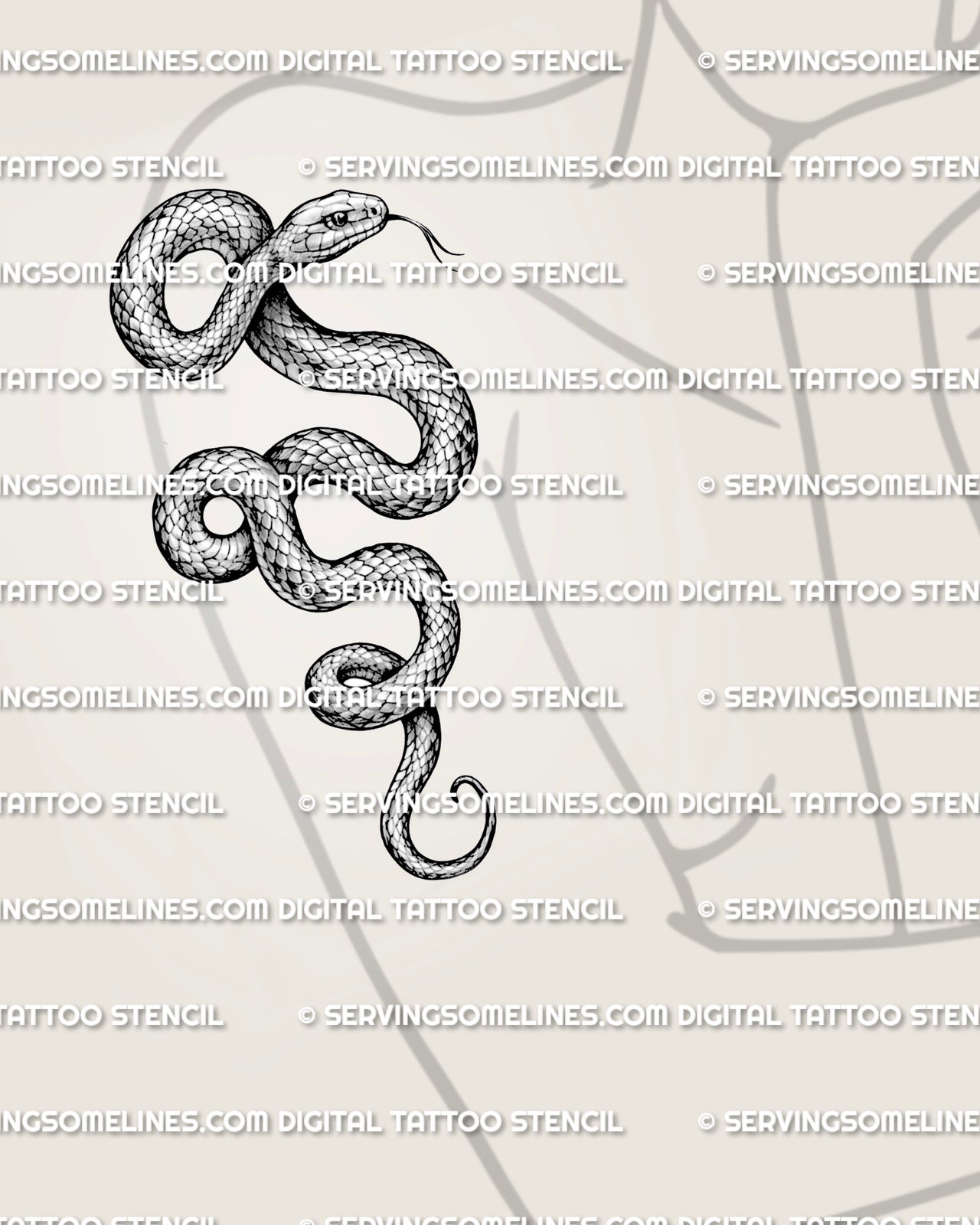 Printable snake tattoo design shown on women’s arm placement with curved serpent body, scale texture, and raised head.