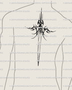 Printable gothic sword tattoo stencil for a male spine back piece; tall balanced blade, calibrated spacing for readability, strong statement down the centerline.