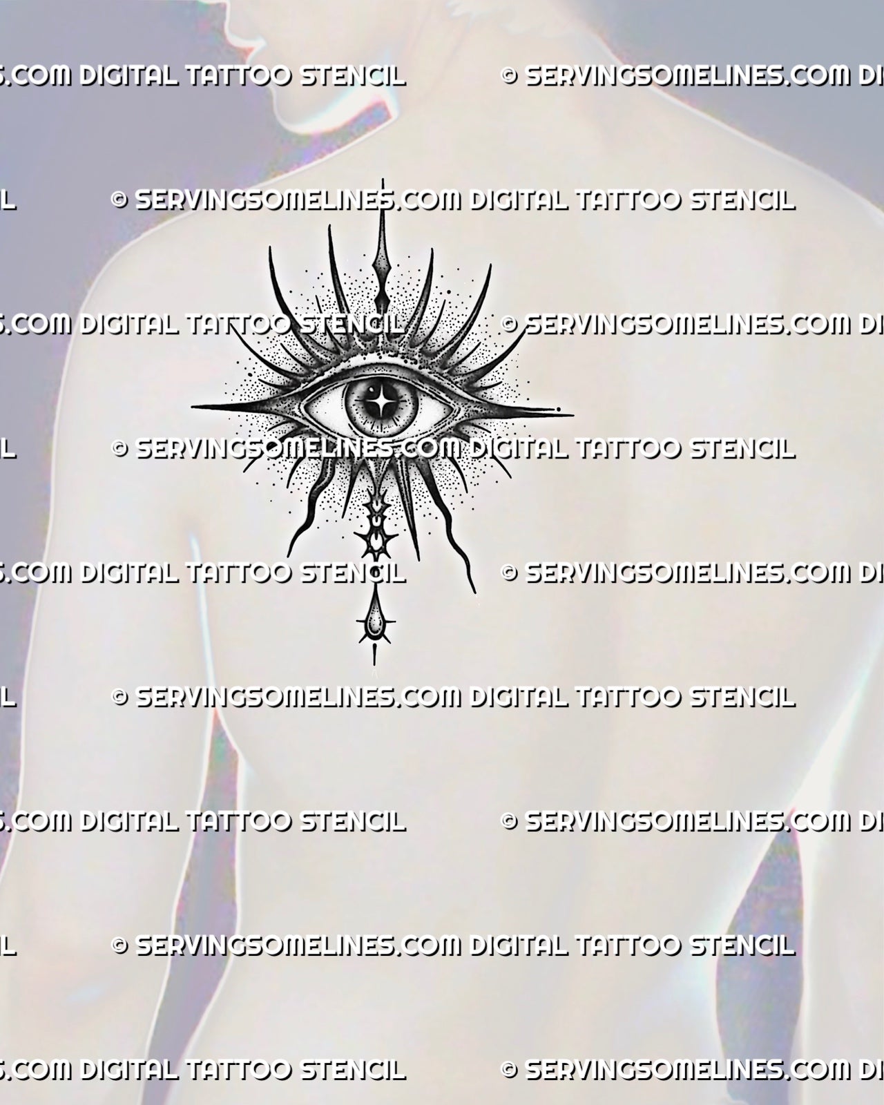 Protective eye tattoo preview on men’s shoulder, with spiked halo, dotted texture, star pupil detail, and symbolic drop accent.