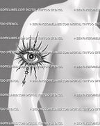 Protective eye tattoo stencil on men’s upper arm, with radiant halo, dotted shading, gray shadow texture, and central eye detail.