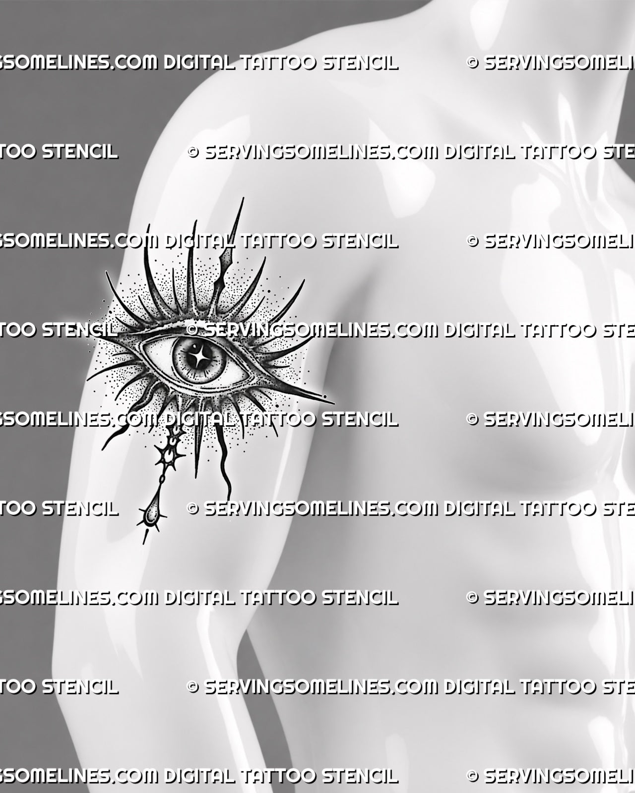 Protective eye tattoo stencil on men’s upper arm, with radiant halo, dotted shading, gray shadow texture, and central eye detail.