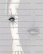 Radiant eye tattoo stencil shown on forearm, with celestial star marks, long rays, dotted shading, and clear eye detail.