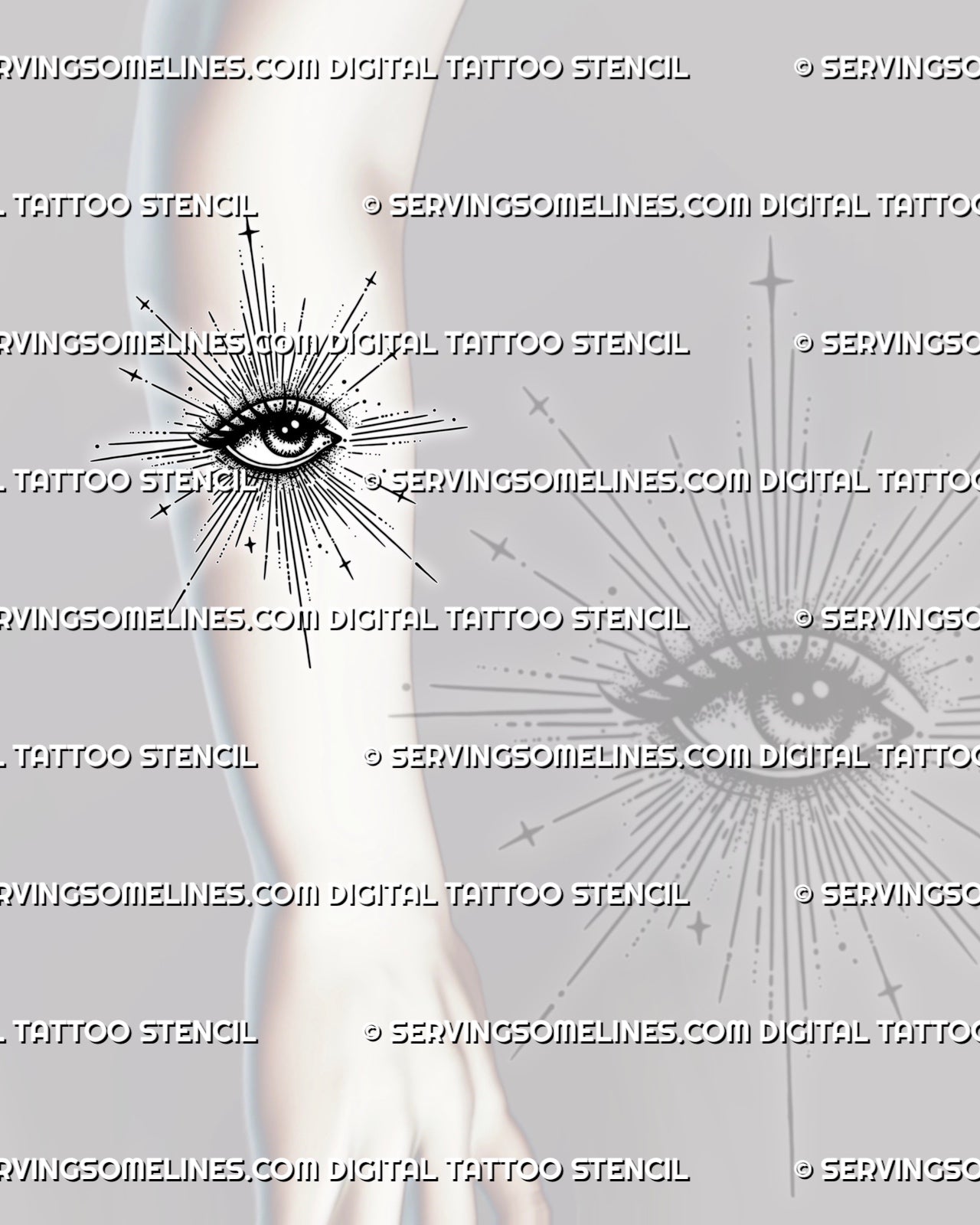 Radiant eye tattoo stencil shown on forearm, with celestial star marks, long rays, dotted shading, and clear eye detail.