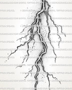 Realistic lightning tattoo stencil close view showing branching strike lines, dot texture, and shaded printable detail.