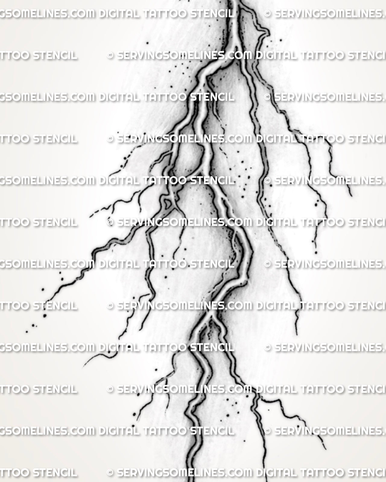 Realistic lightning tattoo stencil close view showing branching strike lines, dot texture, and shaded printable detail.