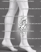 Rearing unicorn tattoo stencil shown on calf with complete body, raised front legs, visible hooves, flowing mane and tail, and vertical cyber framing