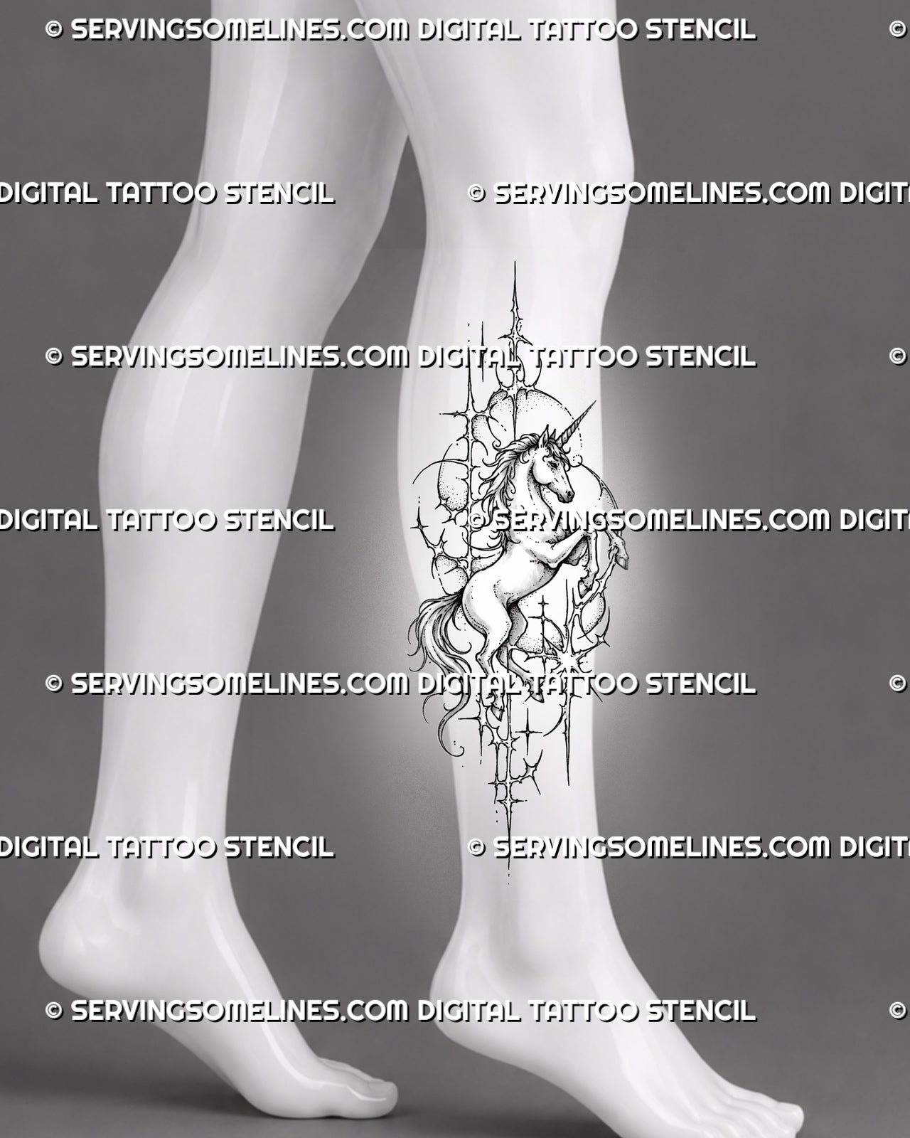 Rearing unicorn tattoo stencil shown on calf with complete body, raised front legs, visible hooves, flowing mane and tail, and vertical cyber framing