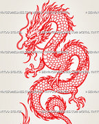 Close design view of red Chinese dragon tattoo stencil showing horned head, open mouth, whiskers, scales, claws, flame-like mane, and red linework