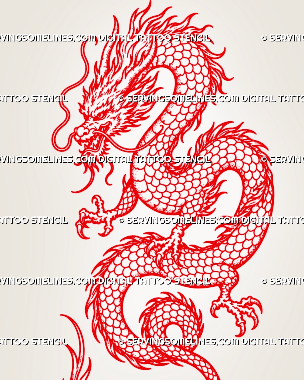 Close design view of red Chinese dragon tattoo stencil showing horned head, open mouth, whiskers, scales, claws, flame-like mane, and red linework