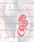 Red Chinese dragon tattoo stencil shown on female hip with long serpentine body, scales, whiskers, claws, flame-like mane, and curled tail