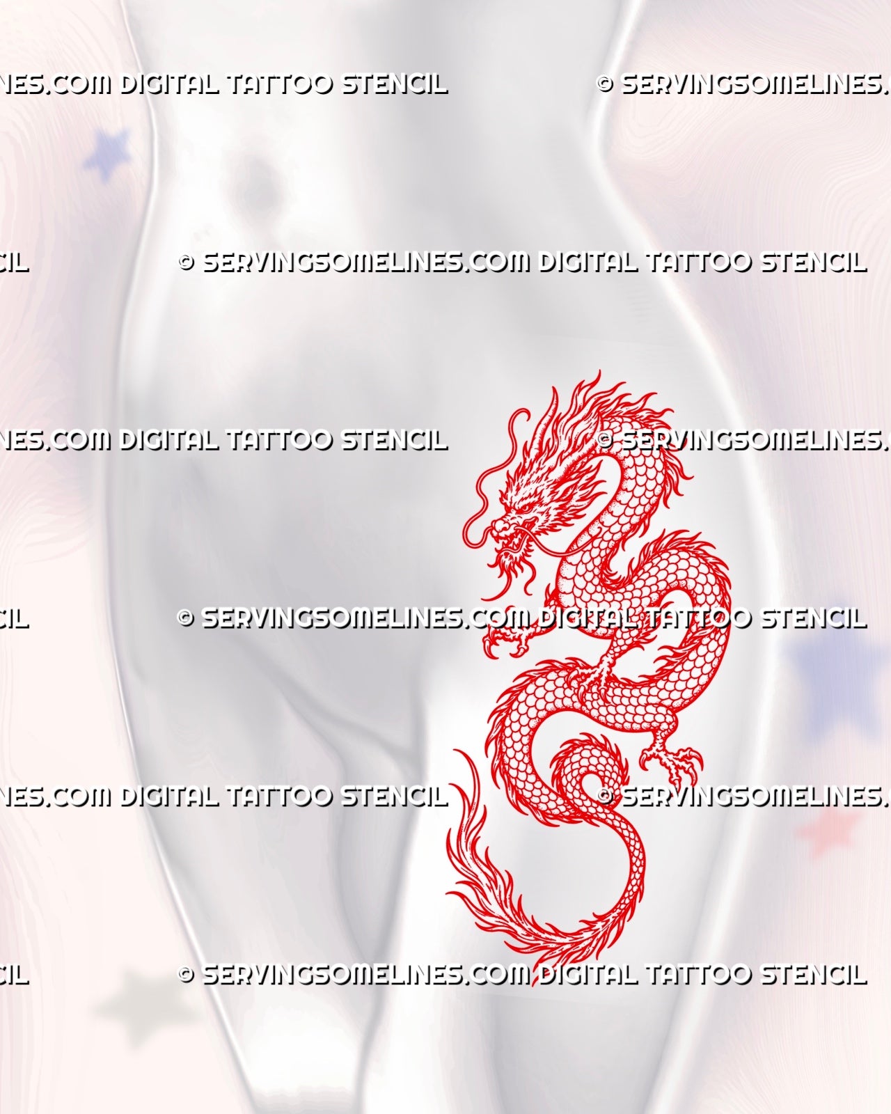 Red Chinese dragon tattoo stencil shown on female hip with long serpentine body, scales, whiskers, claws, flame-like mane, and curled tail