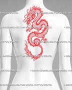Large red Chinese dragon tattoo stencil shown on upper back with full-body Eastern dragon, long scaled body, horned head, claws, whiskers, and flowing tail