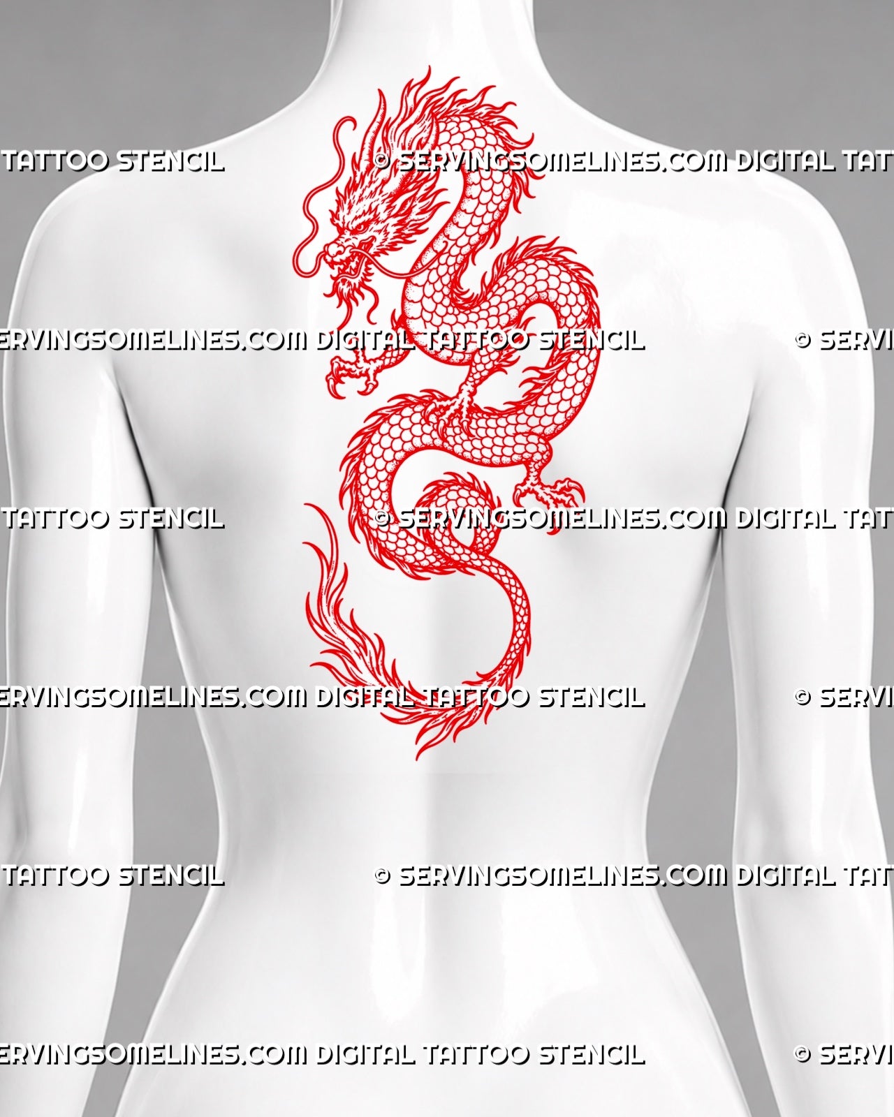 Large red Chinese dragon tattoo stencil shown on upper back with full-body Eastern dragon, long scaled body, horned head, claws, whiskers, and flowing tail