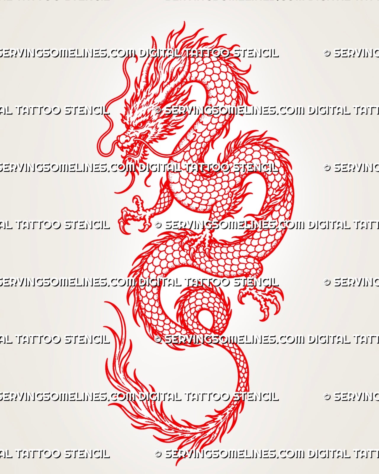 Red dragon tattoo stencil with long scaled Eastern dragon, horned head, open mouth, flowing whiskers, sharp claws, flame-like mane, and curled tail