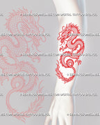 Red dragon tattoo stencil shown on forearm with long Eastern dragon body, flowing S-shape, scales, claws, whiskers, and curled tail detail
