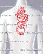 Red dragon tattoo stencil shown on upper back with Eastern dragon design, horned head, flowing whiskers, sharp claws, scaled body, and curled tail