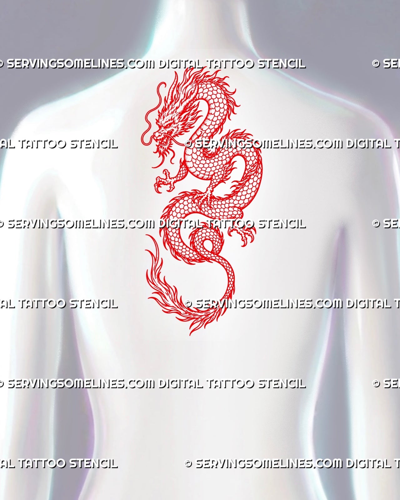 Red dragon tattoo stencil shown on upper back with Eastern dragon design, horned head, flowing whiskers, sharp claws, scaled body, and curled tail