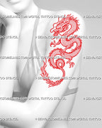 Red dragon tattoo stencil shown on women’s arm with Chinese Eastern dragon shape, long scaled body, flowing whiskers, sharp claws, and curled tail