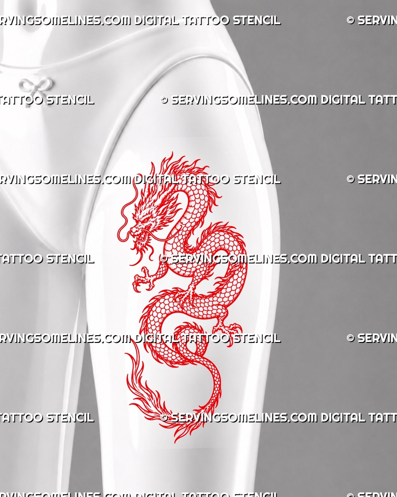 Red dragon tattoo stencil shown on women’s hip with bold red linework, Chinese Eastern dragon style, curled body, sharp claws, whiskers, and scaled tail