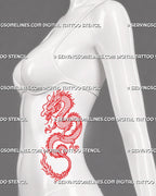 Red dragon tattoo stencil shown on women’s ribs with Chinese Eastern dragon movement, long scaled body, horned head, sharp claws, and flowing tail