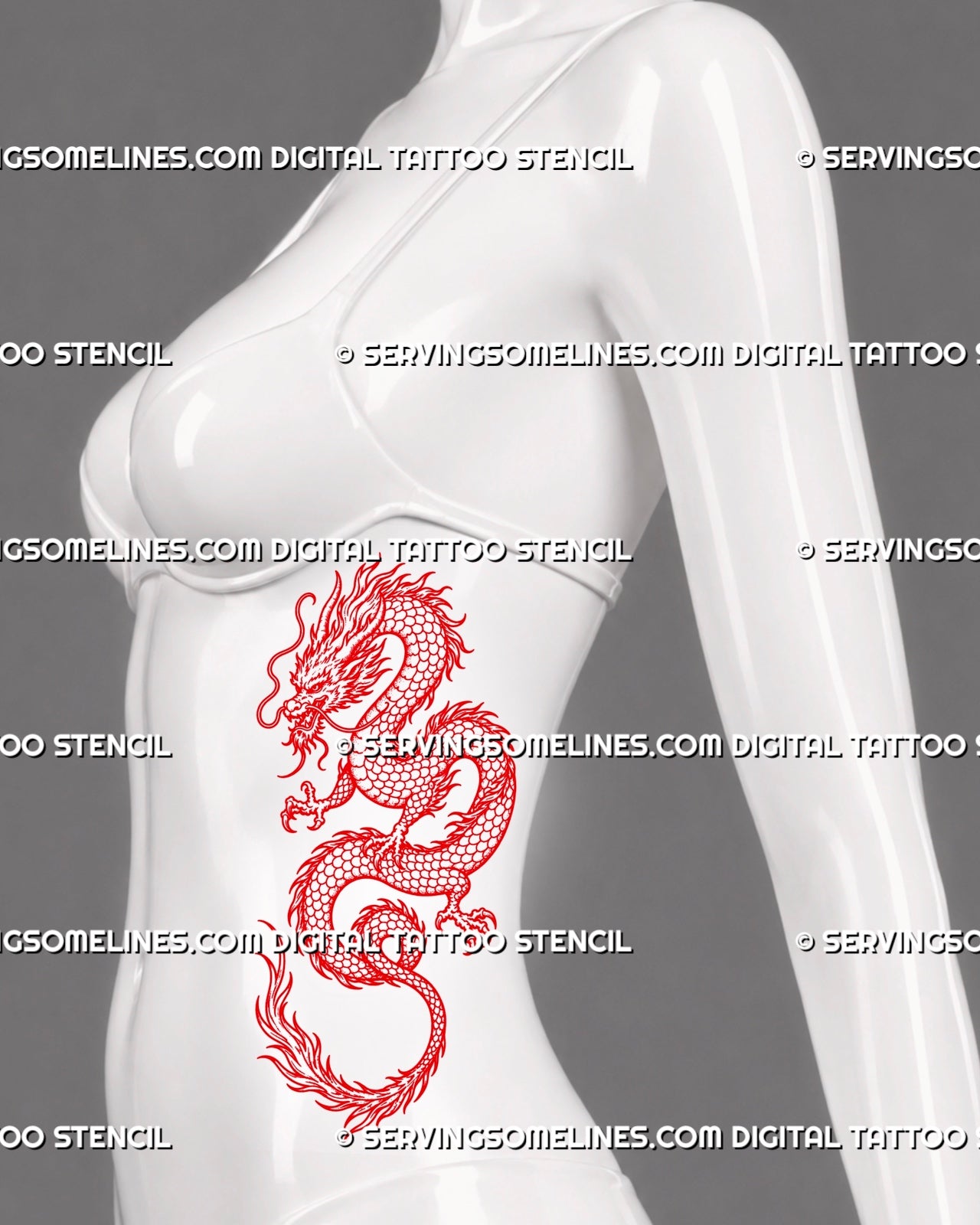 Red dragon tattoo stencil shown on women’s ribs with Chinese Eastern dragon movement, long scaled body, horned head, sharp claws, and flowing tail