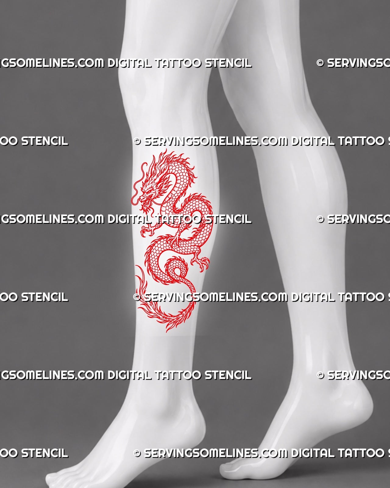 Red Eastern dragon tattoo stencil shown on calf with long vertical dragon shape, scales, claws, flowing whiskers, flame-like mane, and curled tail