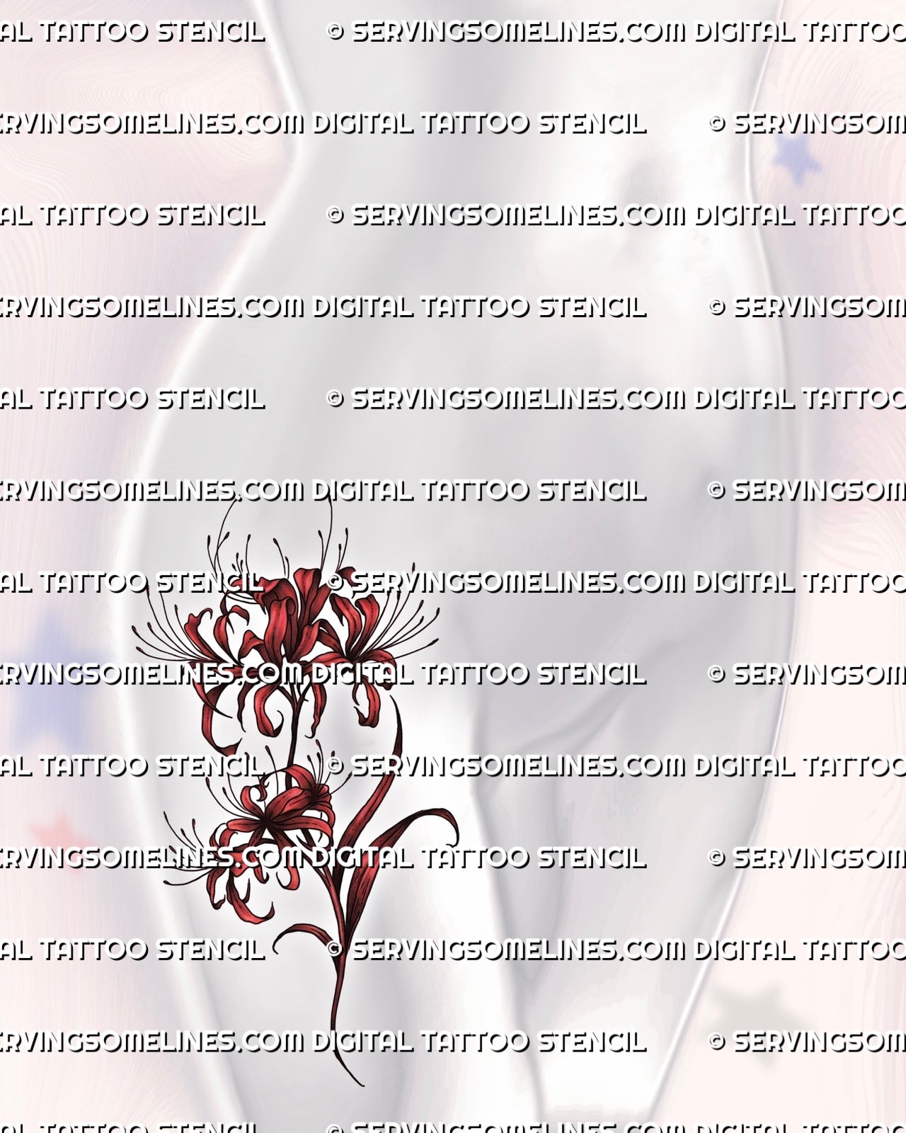 Red spider lily tattoo design shown on female hip placement, with curved stem, red floral detail, and long stamens