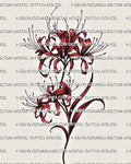 Red spider lily tattoo stencil with curled petals, long stamens, flowing stem, red flower preview, and printable stencil files