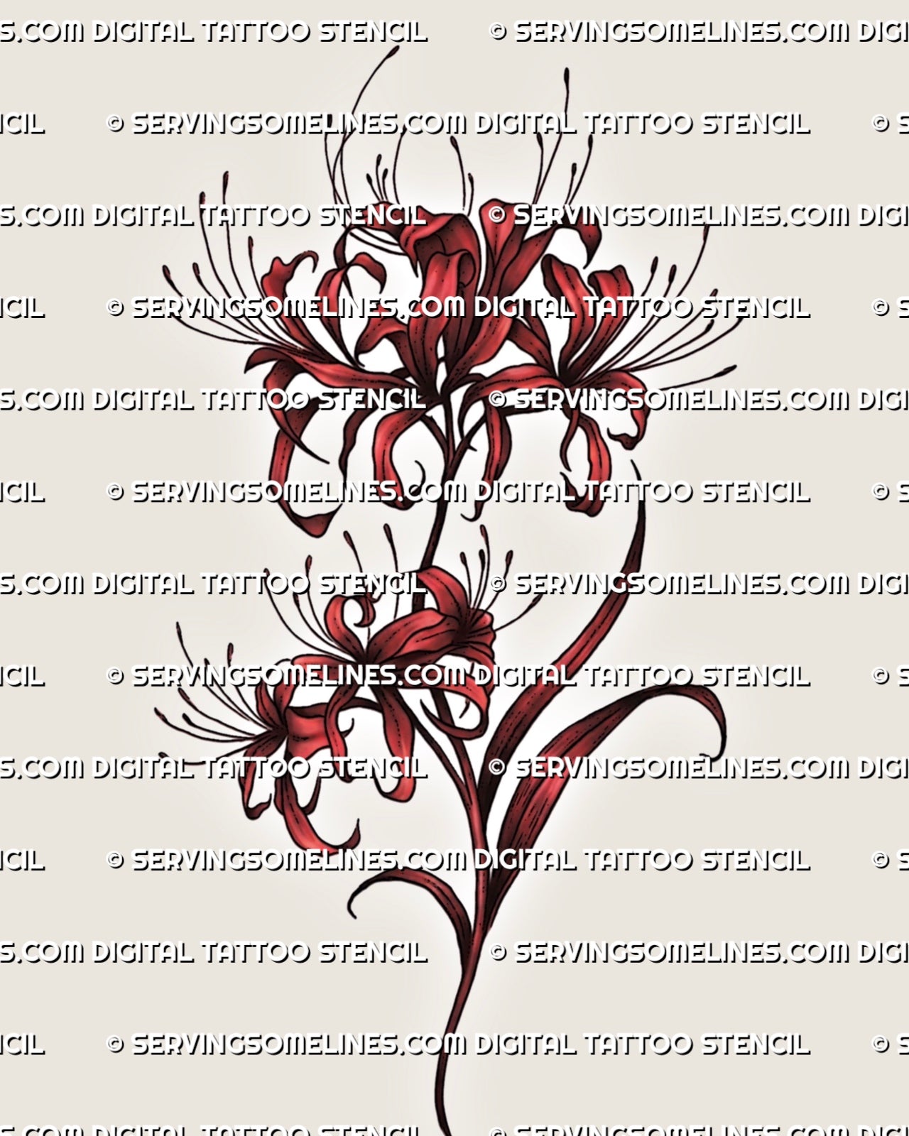 Red spider lily tattoo stencil with curled petals, long stamens, flowing stem, red flower preview, and printable stencil files