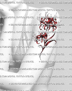 Red spider lily tattoo stencil displayed on women’s upper arm placement, with vertical flower flow and clear petal detailv