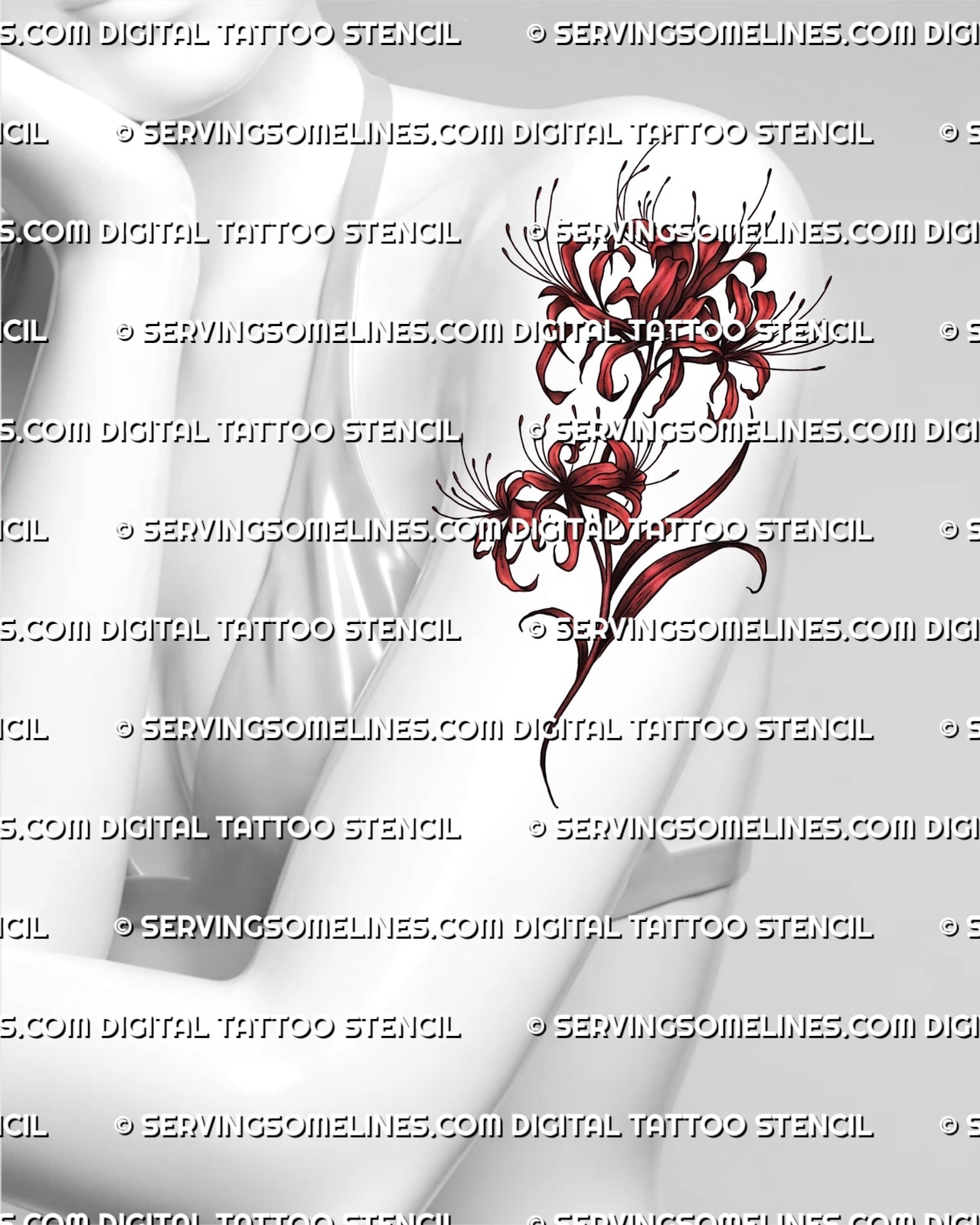 Red spider lily tattoo stencil displayed on women’s upper arm placement, with vertical flower flow and clear petal detailv
