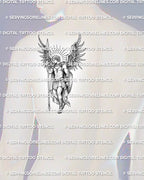 Religious archangel tattoo stencil displayed on men’s shoulder placement, with wings, armor, shield, and sacred warrior detail.