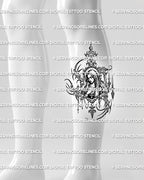Religious Mary tattoo stencil displayed on calf placement, with tall gothic frame, candles, rosary, and readable portrait