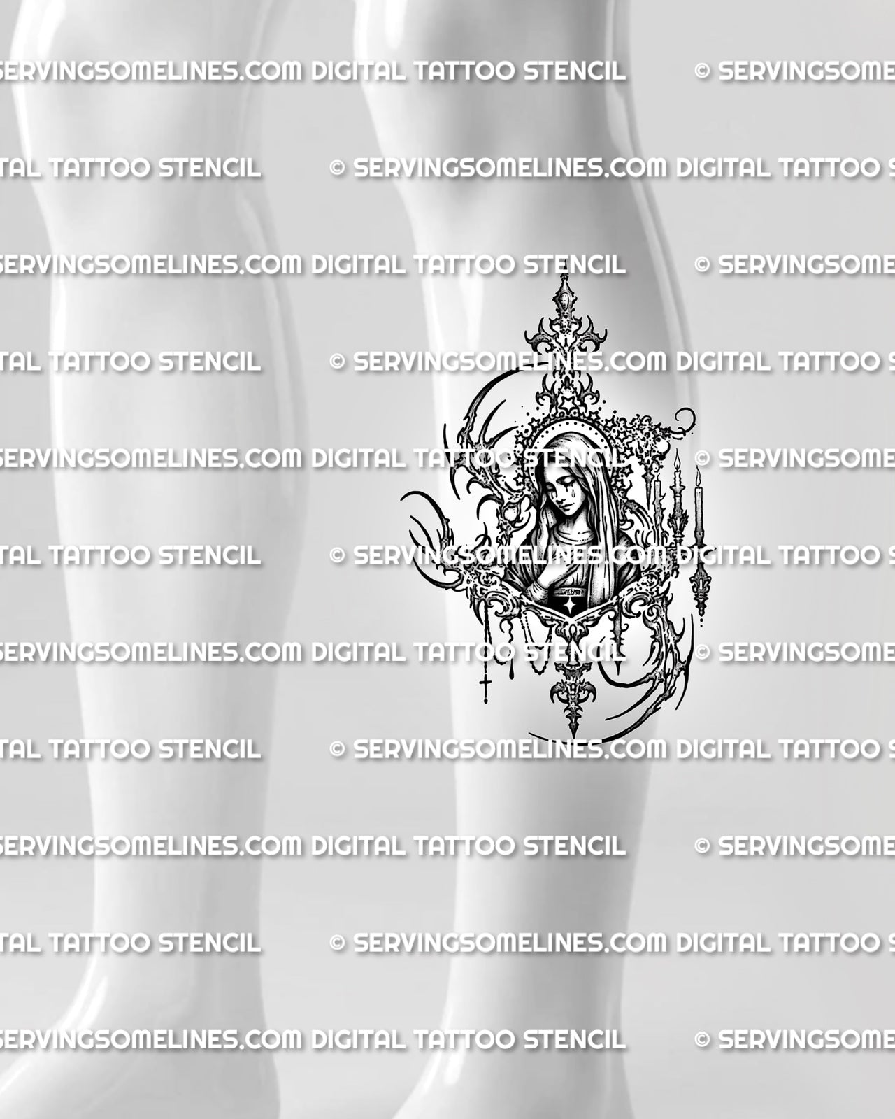 Religious Mary tattoo stencil displayed on calf placement, with tall gothic frame, candles, rosary, and readable portrait