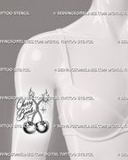 Retro cherry bomb tattoo stencil shown on women’s front upper arm with twisted fuse stems, twin cherries, flames, star accents, and black-and-white shading