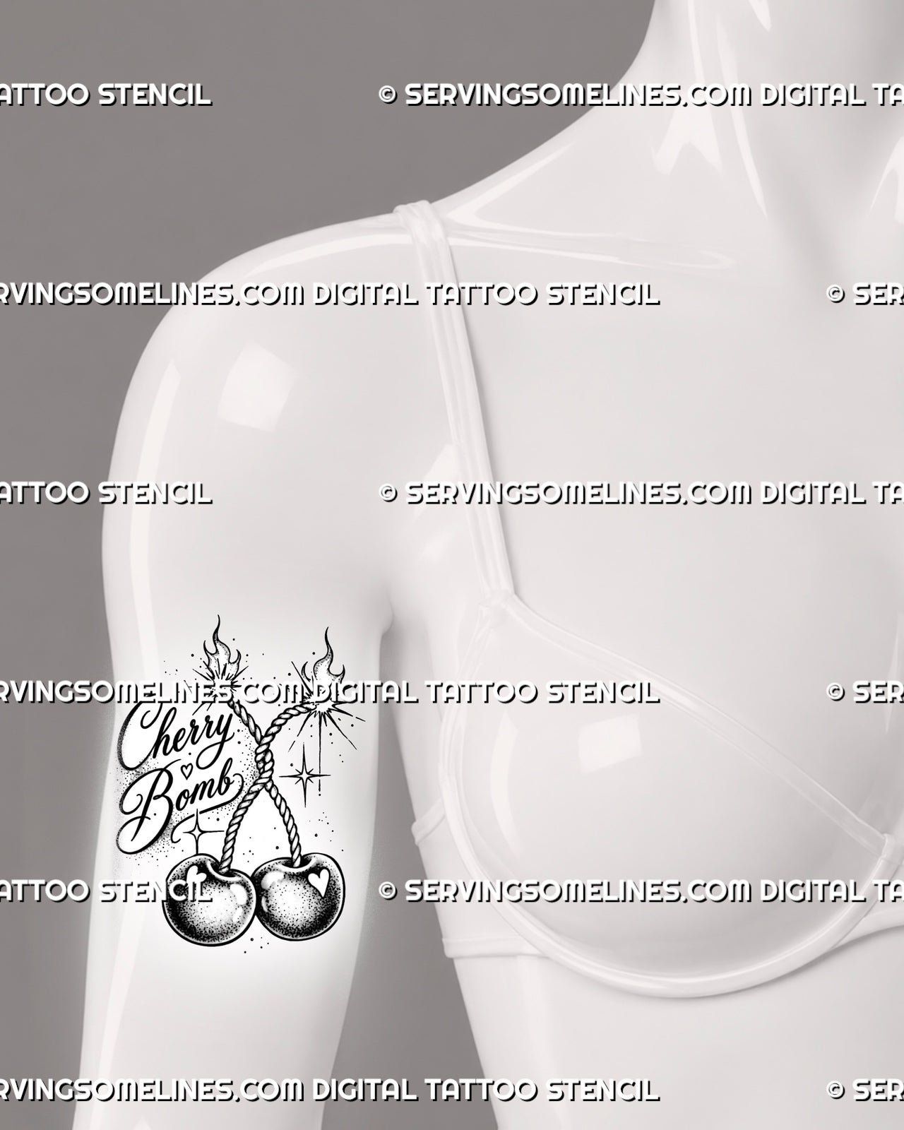 Retro cherry bomb tattoo stencil shown on women’s front upper arm with twisted fuse stems, twin cherries, flames, star accents, and black-and-white shading