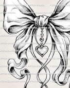 Ribbon bow tattoo close view showing heart charm detail, soft folds, and clean linework for a feminine stencil file.
