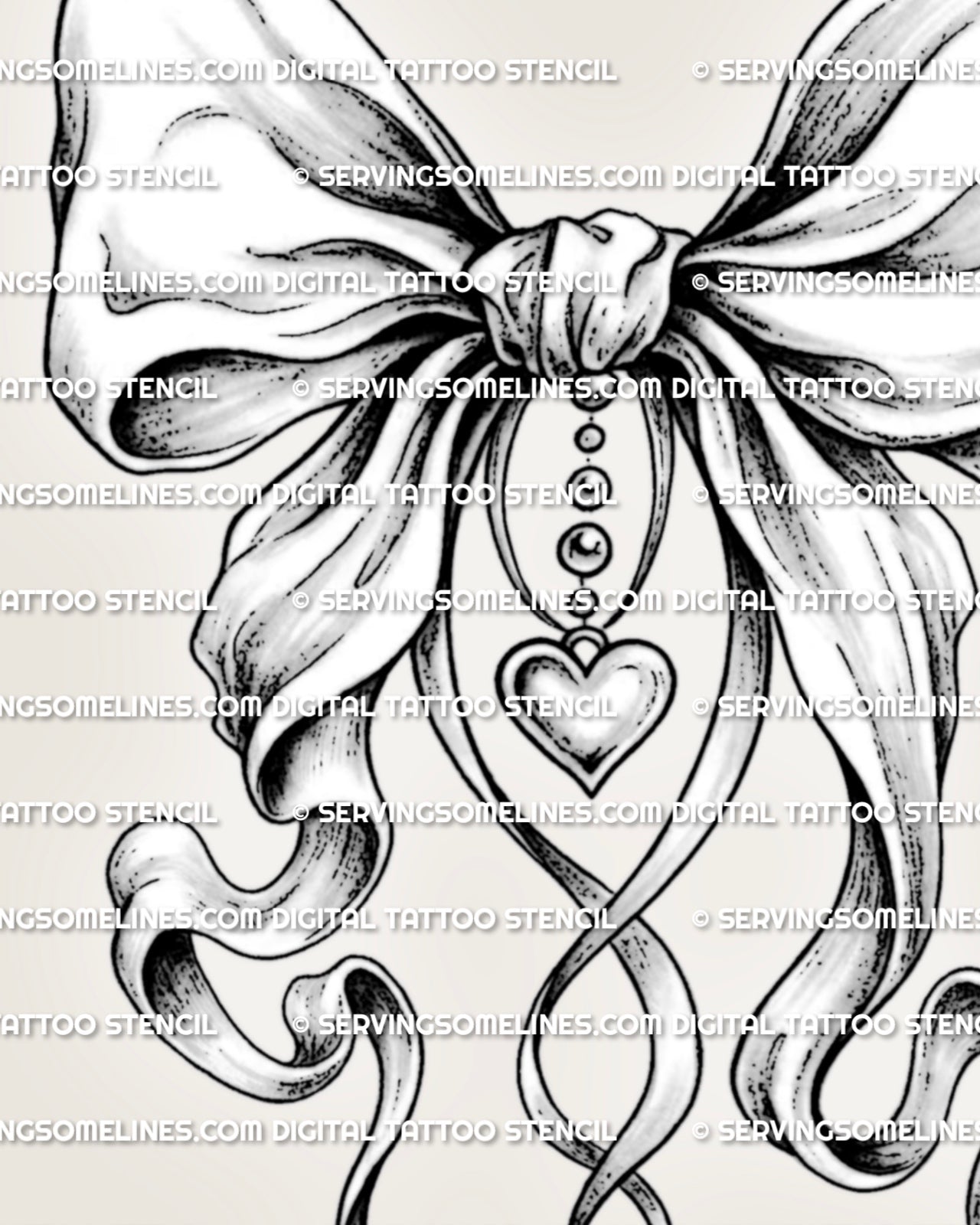 Ribbon bow tattoo close view showing heart charm detail, soft folds, and clean linework for a feminine stencil file.