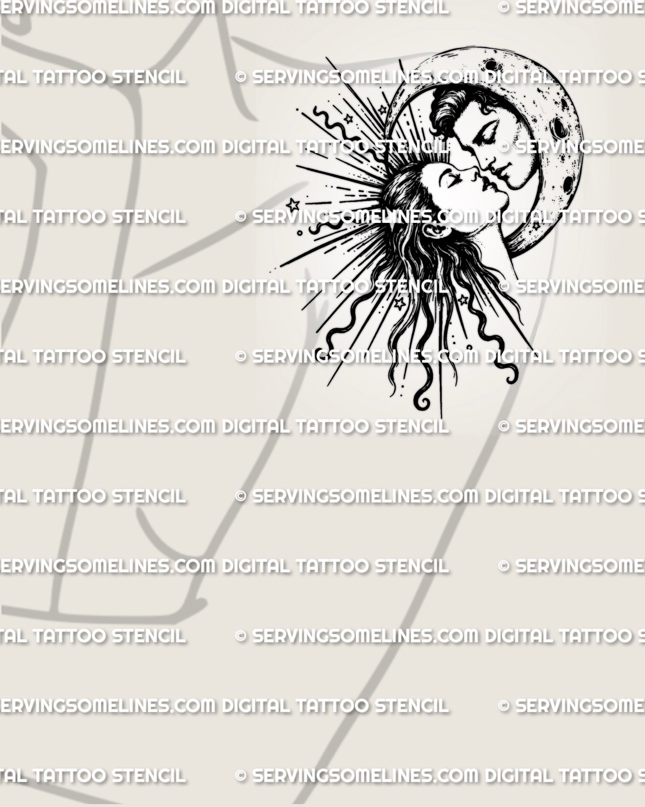 Romantic sun and moon tattoo stencil shown on women’s arm placement with kissing faces, crescent moon, rays, and dark linework.