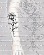 Rose barbed wire tattoo shown on forearm placement with long vertical stem and leaf detail