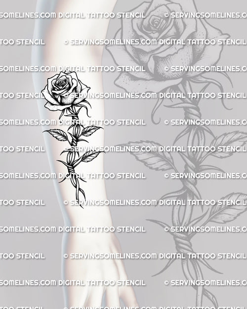 Rose barbed wire tattoo shown on forearm placement with long vertical stem and leaf detail