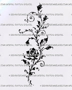 Rose branch tattoo design with one open flower, climbing buds, irregular leaves, broken ink contours, and sketch-style expressive floral details