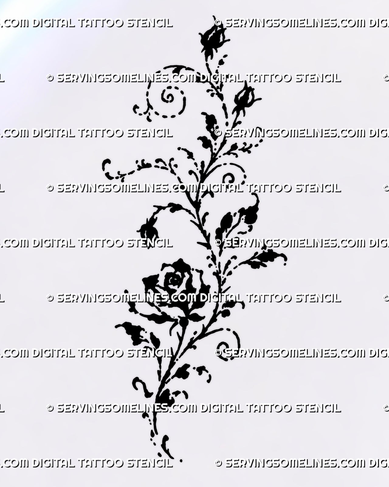 Rose branch tattoo design with one open flower, climbing buds, irregular leaves, broken ink contours, and sketch-style expressive floral details